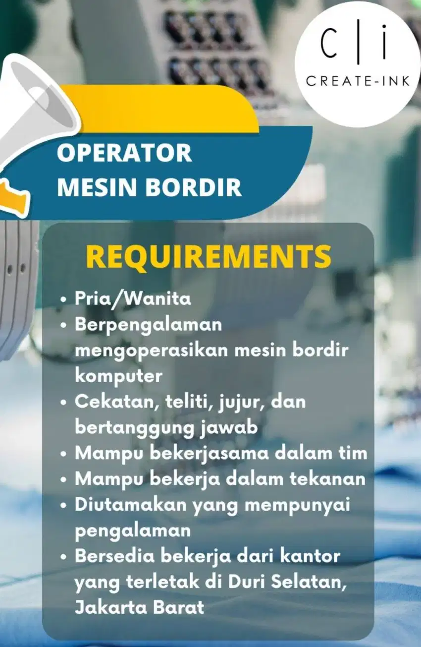 Lowongan Operator Mesin Bordir dan Press DTF