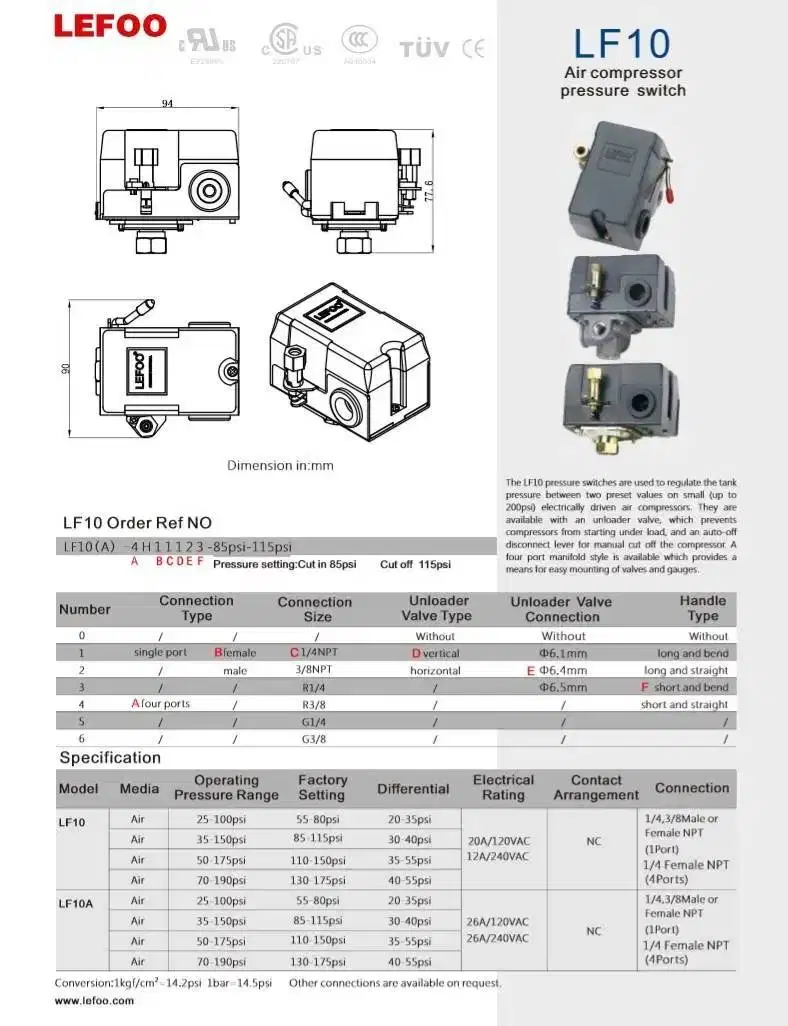 LEFOO PRESSURE SWITCH PRESSURE CONTROL LF10-1H2