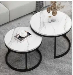 Meja Tamu Bundar Set 2 – Desain Marmer Mewah & Kaki Emas Elegan