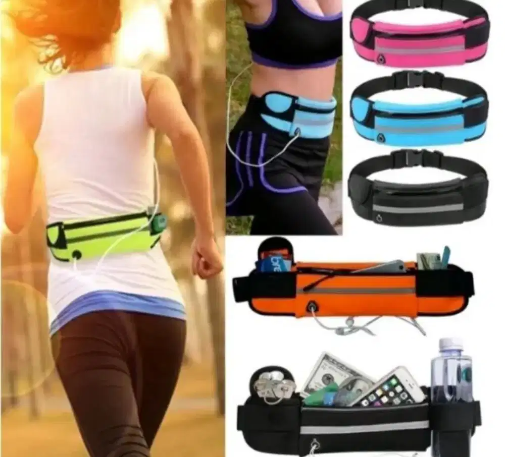 Tas Ikat Pinggang Lari Waterproof Hitam dan Biru Muda