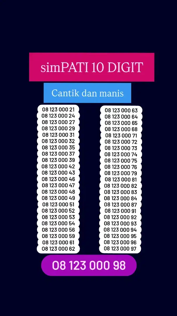 Nomor CANTIK SIMPATI 10 ANGKA SIMPATI 10 DIGIT