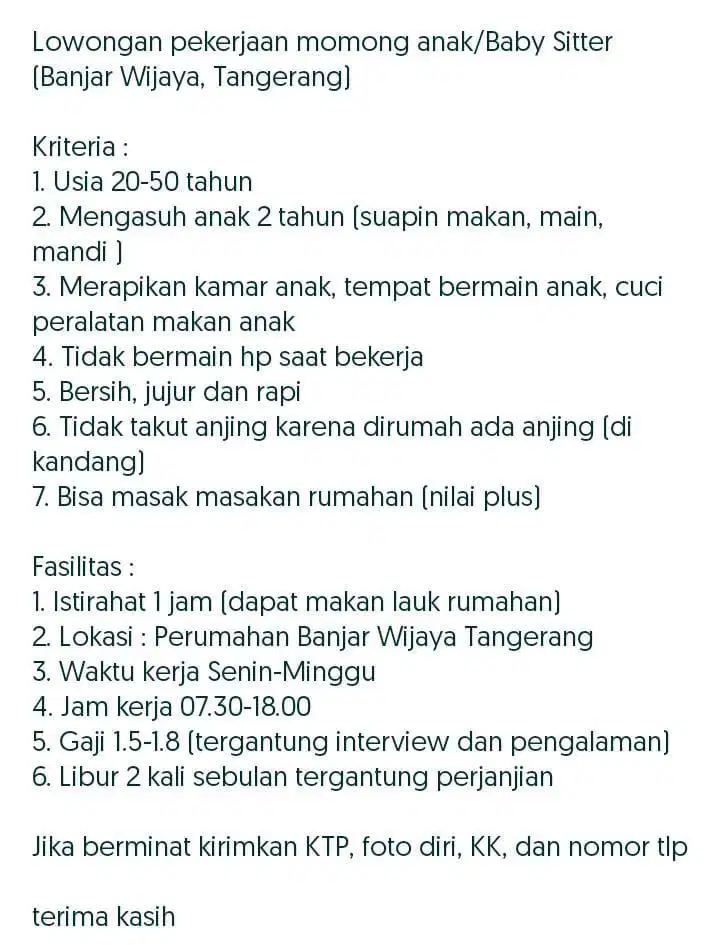 Lowongan Baby Sitter PP