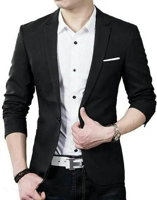 Blazer Jas Hugo Black OT Blazer Pria Katun Stretch Hitam Cowok Formal
