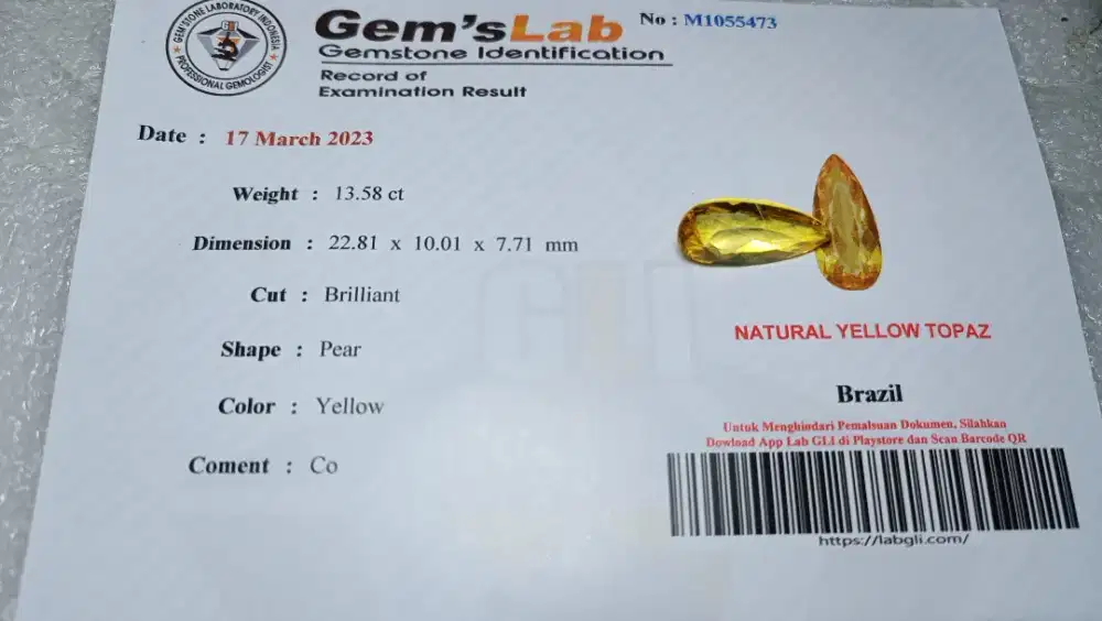 Natural Yellow Topaz 13.58 Ct Unik Mewah Bersertifikat