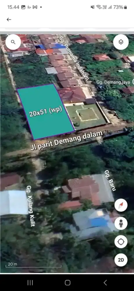 Tanah kavling parit demang purnama ukuran 20 x 51