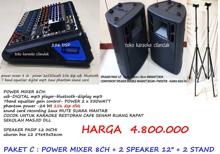 speaker 12in + power mixer 8ch 256 dsp 2 stand