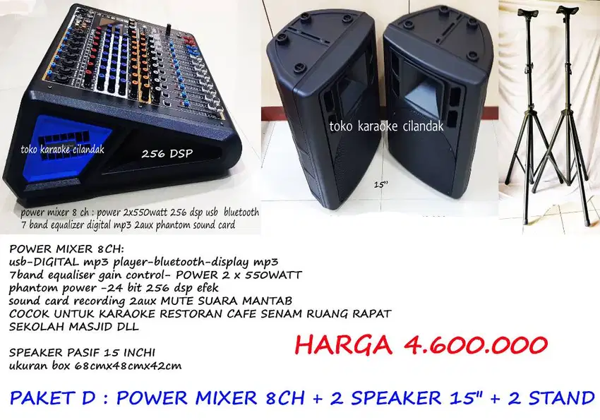 speaker 15in + power mixer 8ch 256 dsp 2 stand