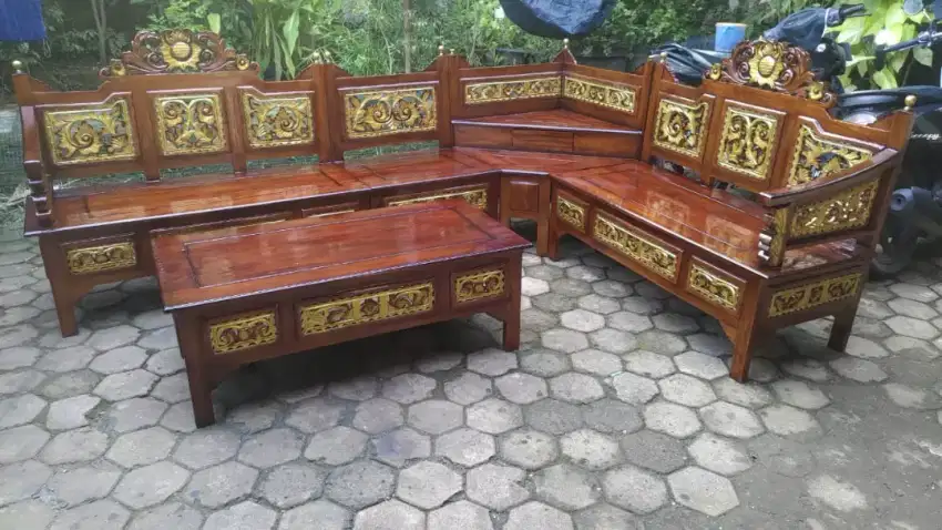 Kursi tamu minimalis sudut mahkota leter L kayu jati asli