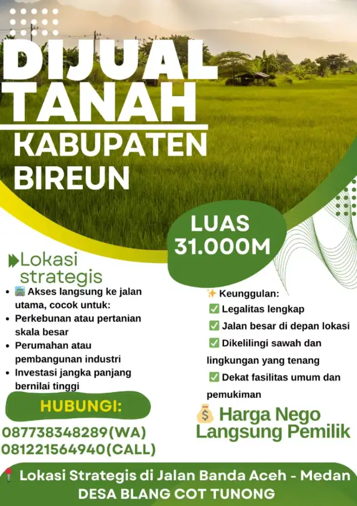 Dijual Tanah 3,1 Ha Pinggir Jalan Provinsi Banda Aceh–Medan, SHM