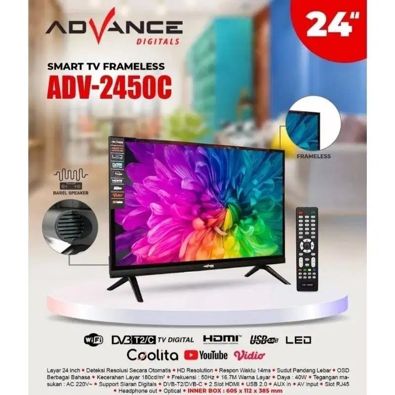 ADVANCE SMART TV ANTI PECAH TAHAN BANTING FRAMELESS 24 INCH ADV-2450C