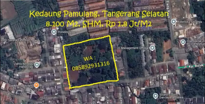 DIJUAL TANAH 8100 M2 LEBAR 100 METER, KEDAUNG PAMULANG