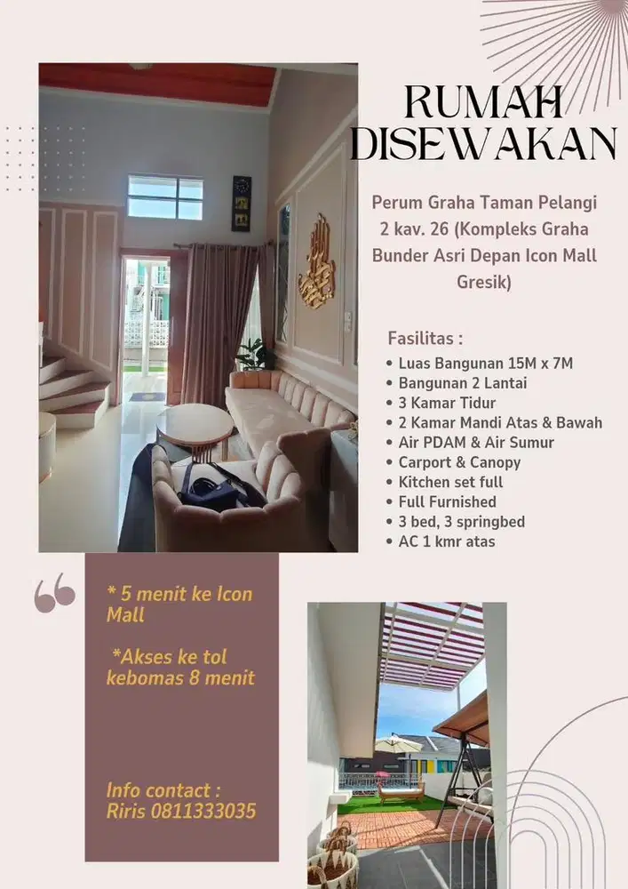 Disewakan Rumah Minimalis Modern Full Furnished
