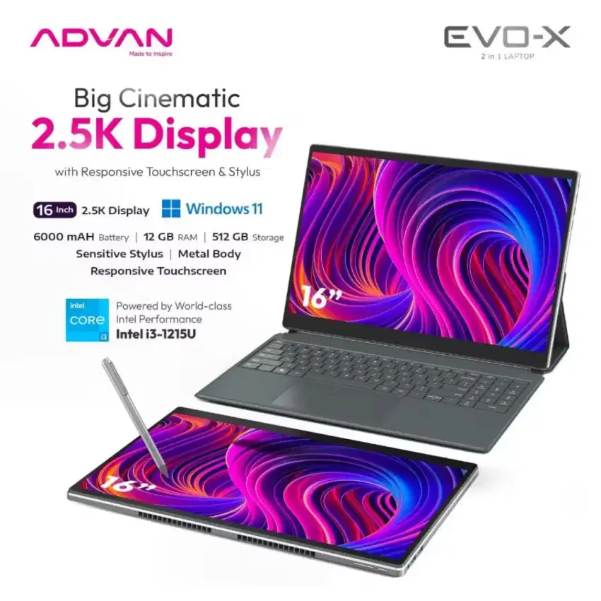 ADVAN LAPTOP 2 in 1 EVO-X 16 INTEL i3 1215U 12GB 512SSD 100%SRGB W11