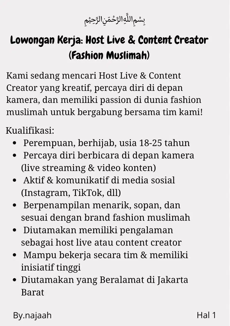 Dibutuhkan karyawati sholehah untuk content dan host live