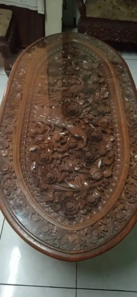 1 Meja Oval Ukir Bali Jati (COD)