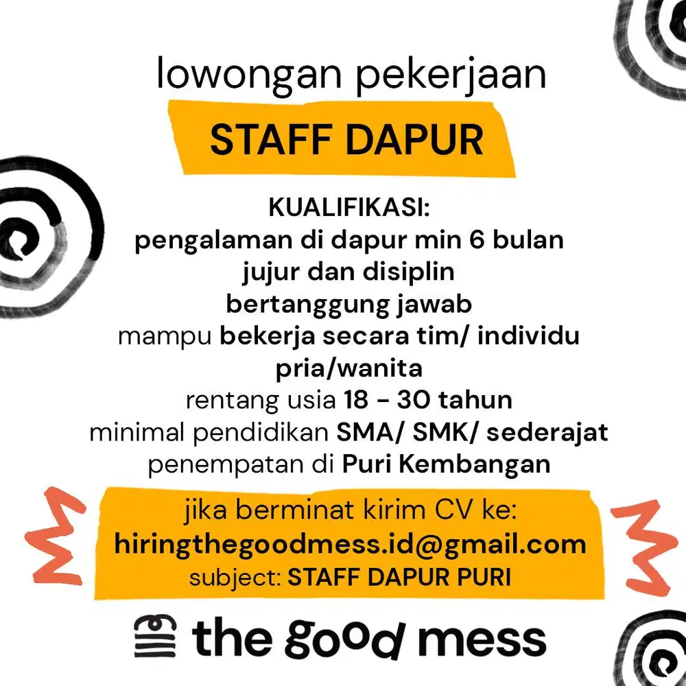 DIBUTUHKAN SEGERA STAFF DAPUR UNTUK OUTLET PURI