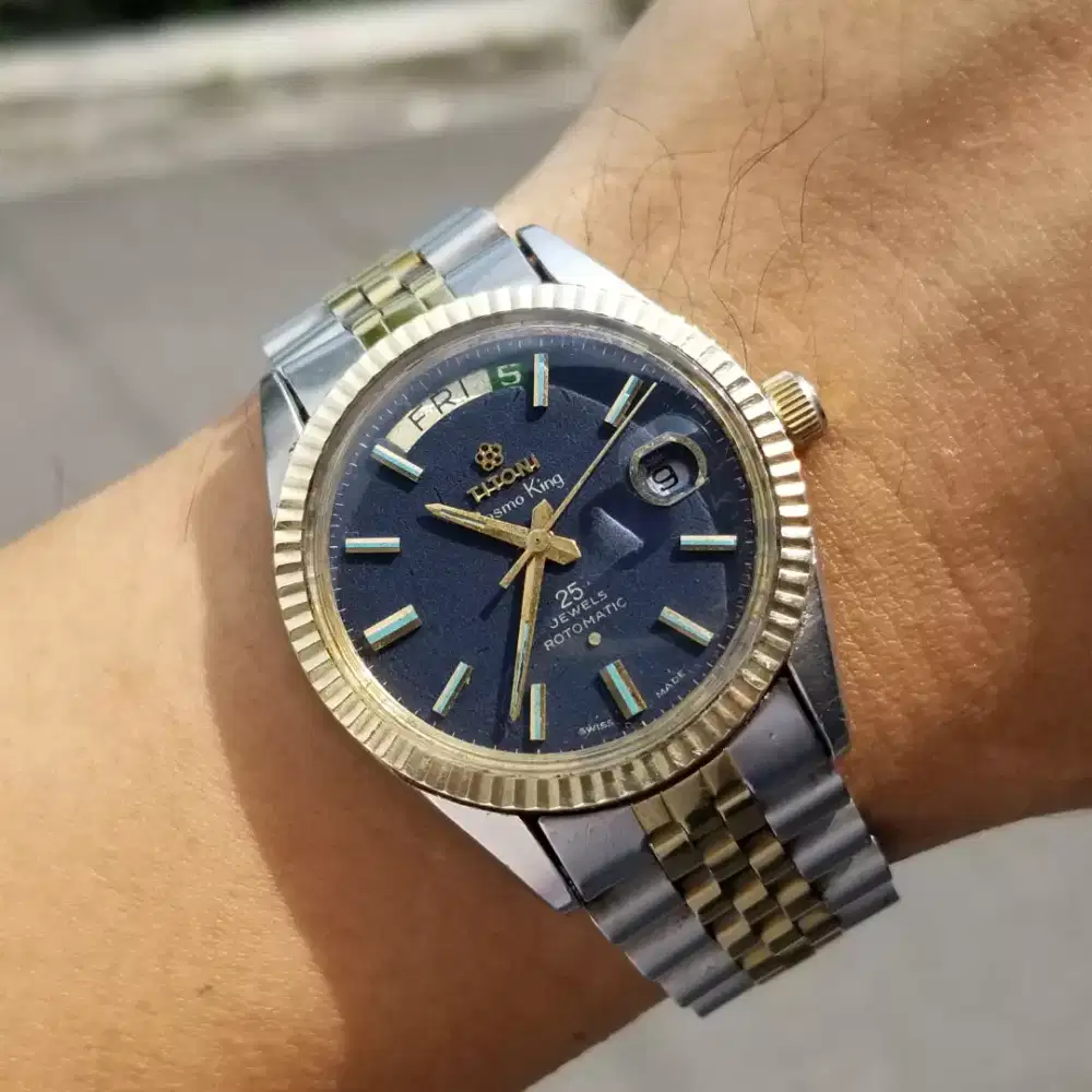 70s Vintage Titoni Cosmoking President day date 14k rim Blue Dial