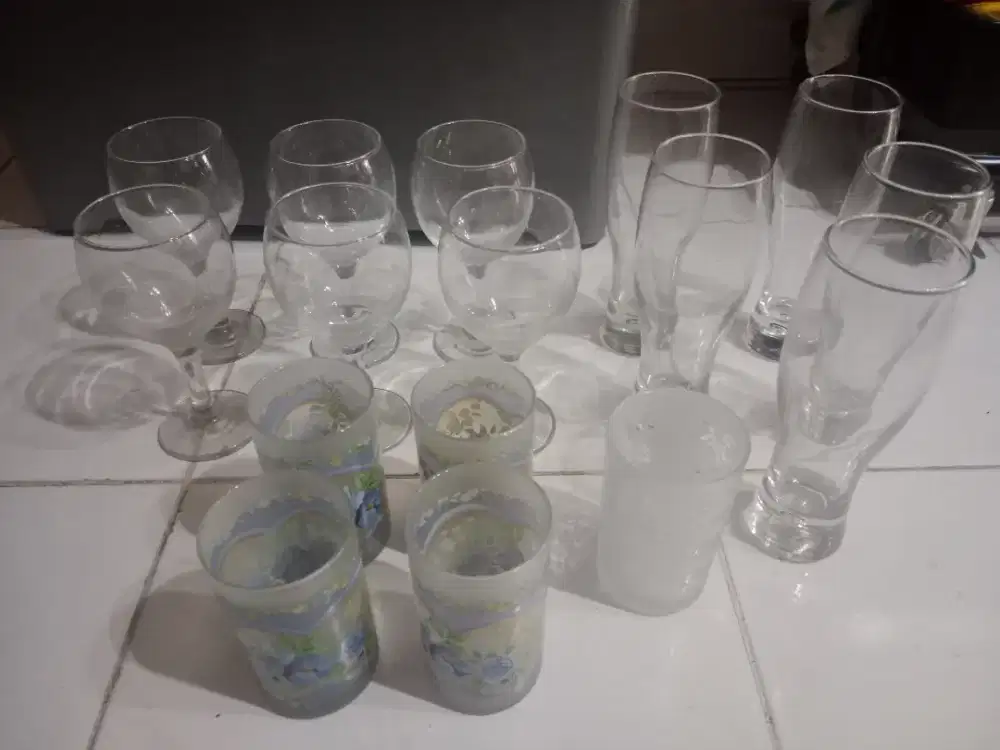 Gelas minum warna ungu motif kembang 4pcs free 1pcs