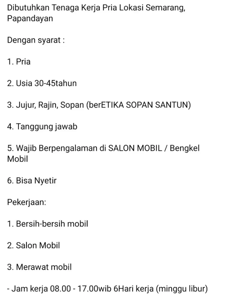 Dibutuhkan tukang Salon mobil / tukang bengkel mobil