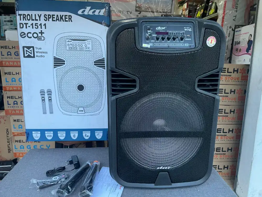 DAT speaker troly karaoke jumbo 15 inch isi 2 mic wireles