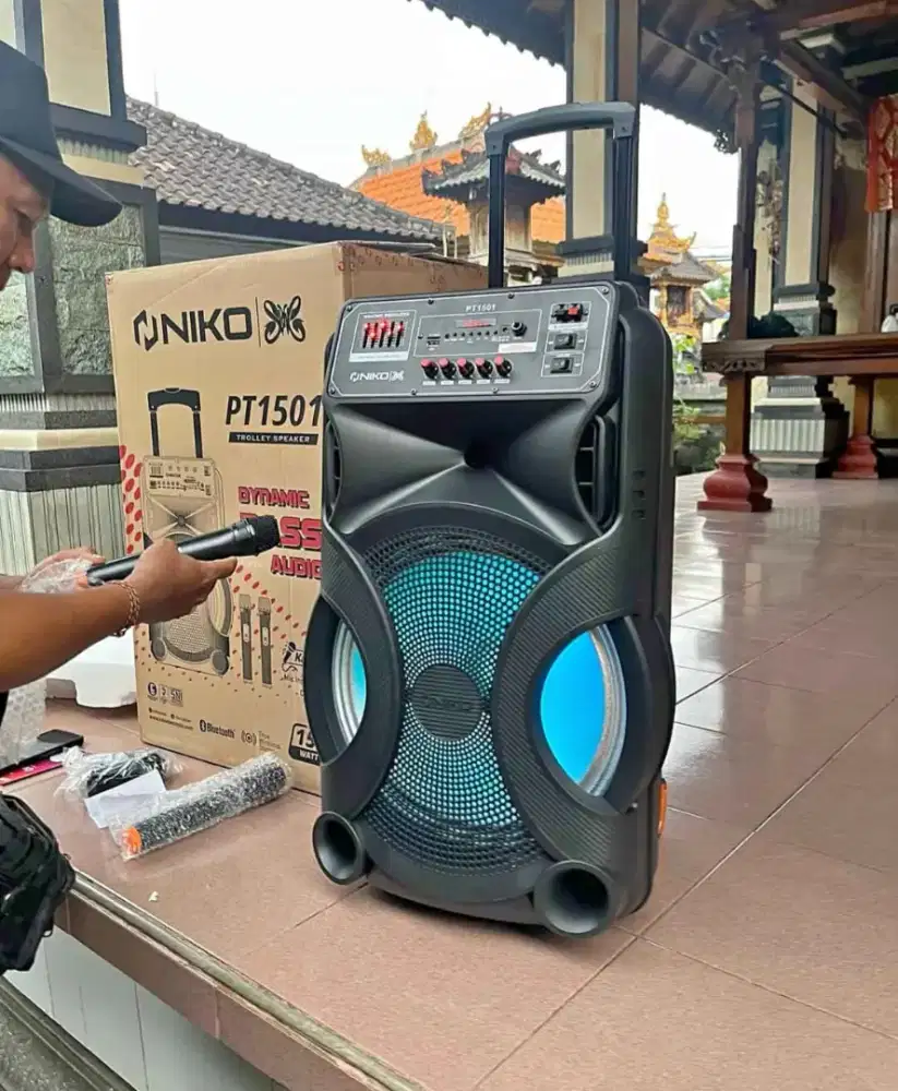 Jumbo 15 inch speaker troly karaoke merk NIKO isi 2 mic wireles