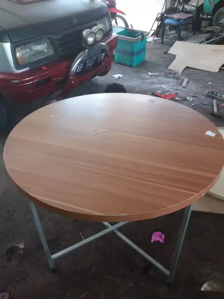 meja bundar tebal 2 cm lapis melamin coklat