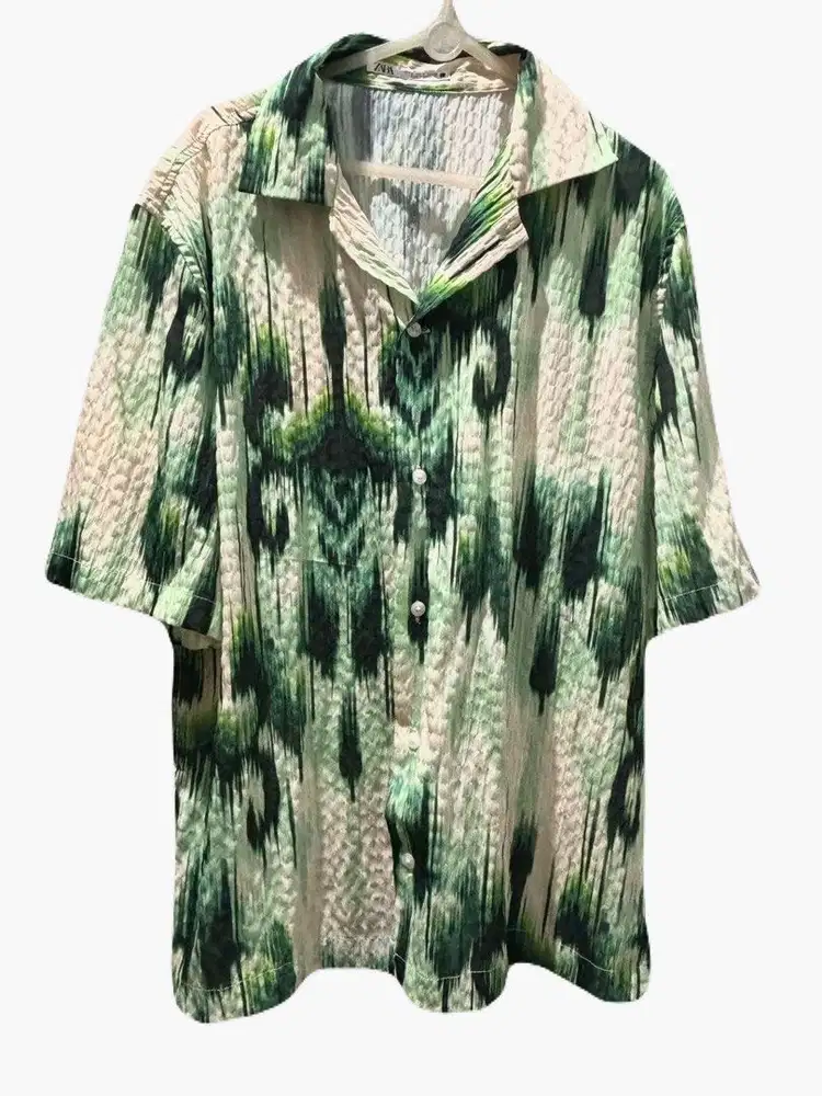 Zara seersucker kemeja motif pattern summer casual open collar green