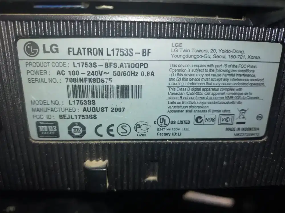 Monitor LG flatron 1753s ukuran 17in