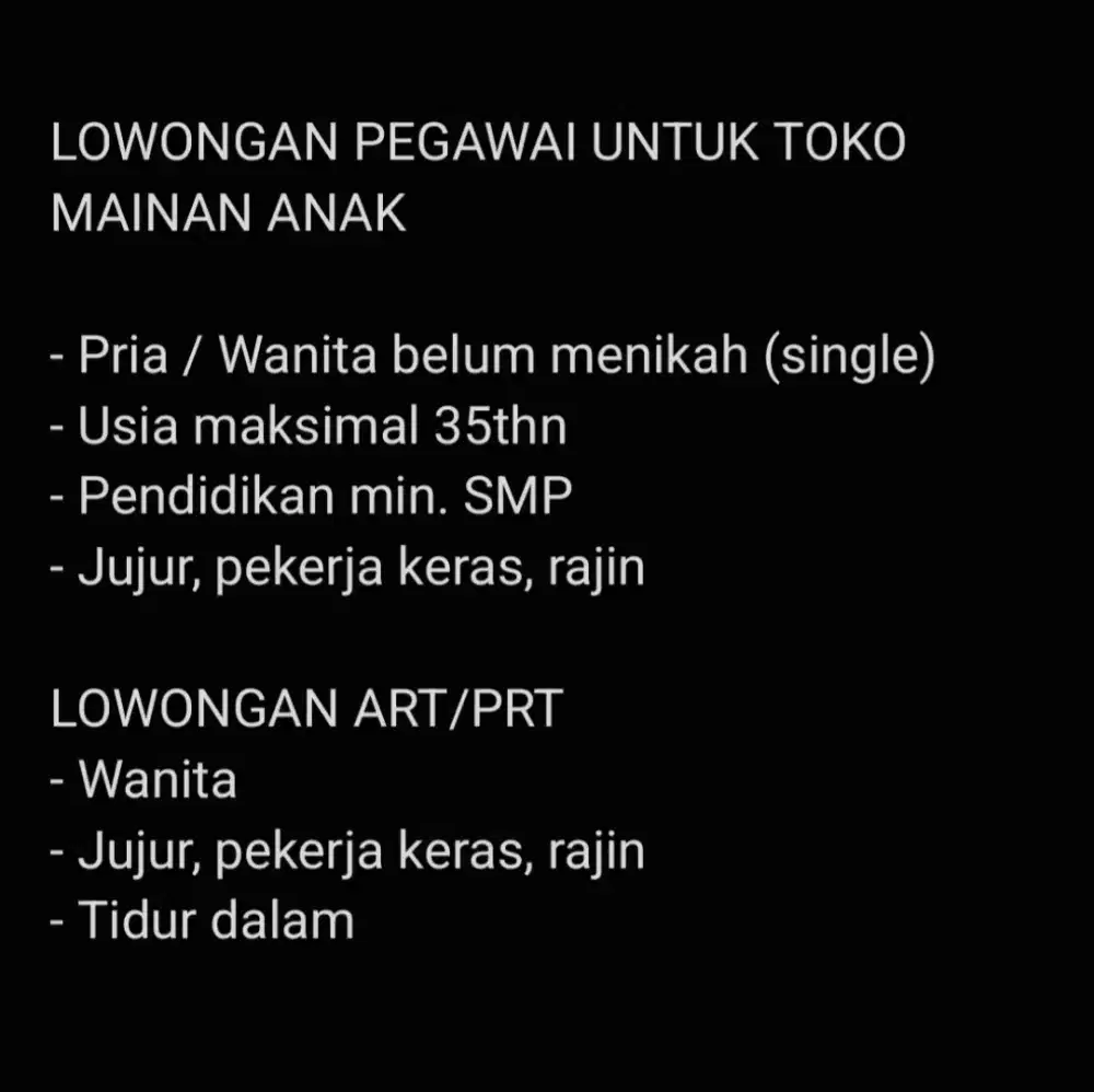 Lowongan Pegawai Toko Mainan Anak & PRT / ART