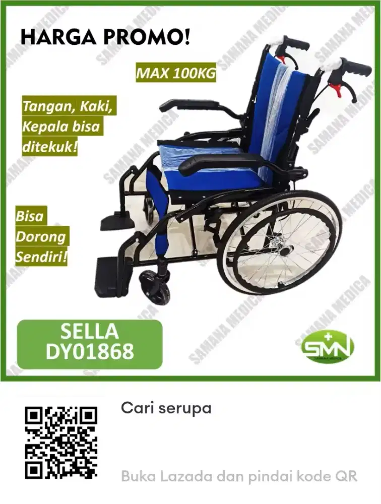 Kursi Roda Travel Bisa Dorong Sendiri DY01868 Black Steel