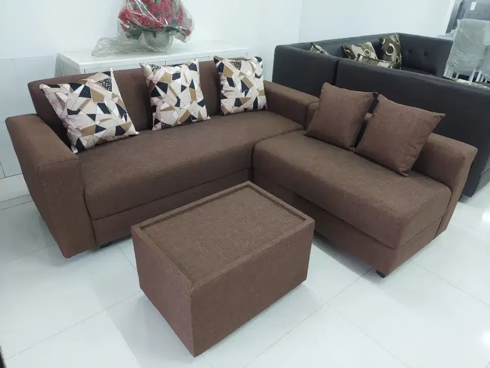 Sofa L 3.2 Minimalis Ferguso untuk ruangan kecil Bonus Meja Hokky