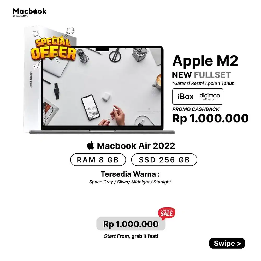 Fullset Macbook Air 2022 RAM 8/256 GB Apple M2