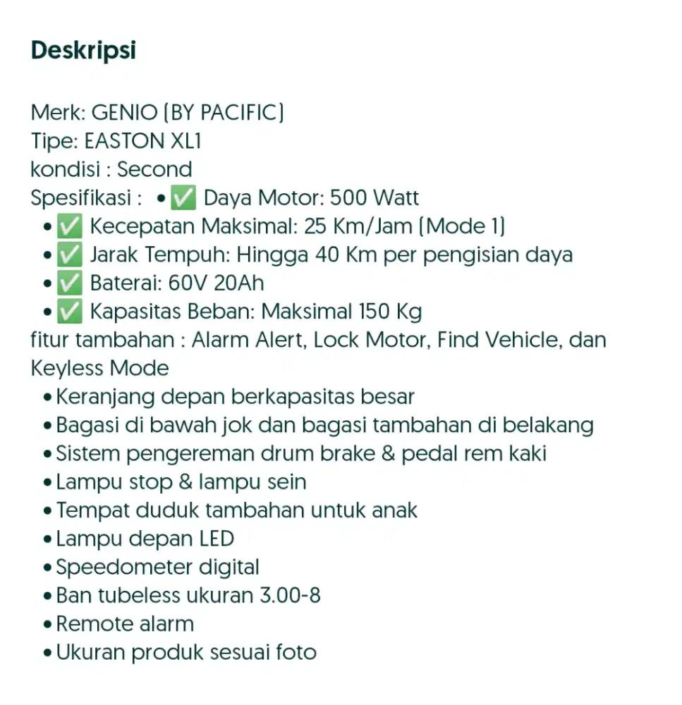 Sepadah listrik Genio by Pacifik tipe Easton XL1