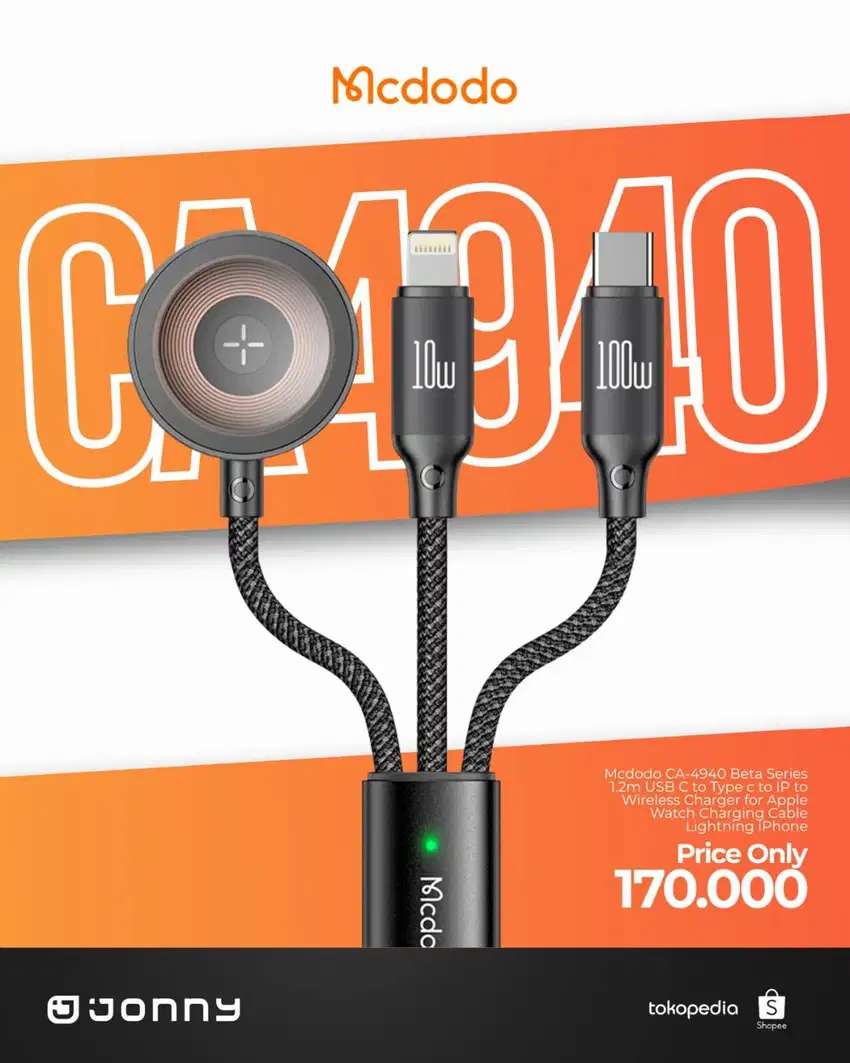 MCDODO 3 in 1 Cable Type-C to Lightning + Type-C + Wireless Charger fo