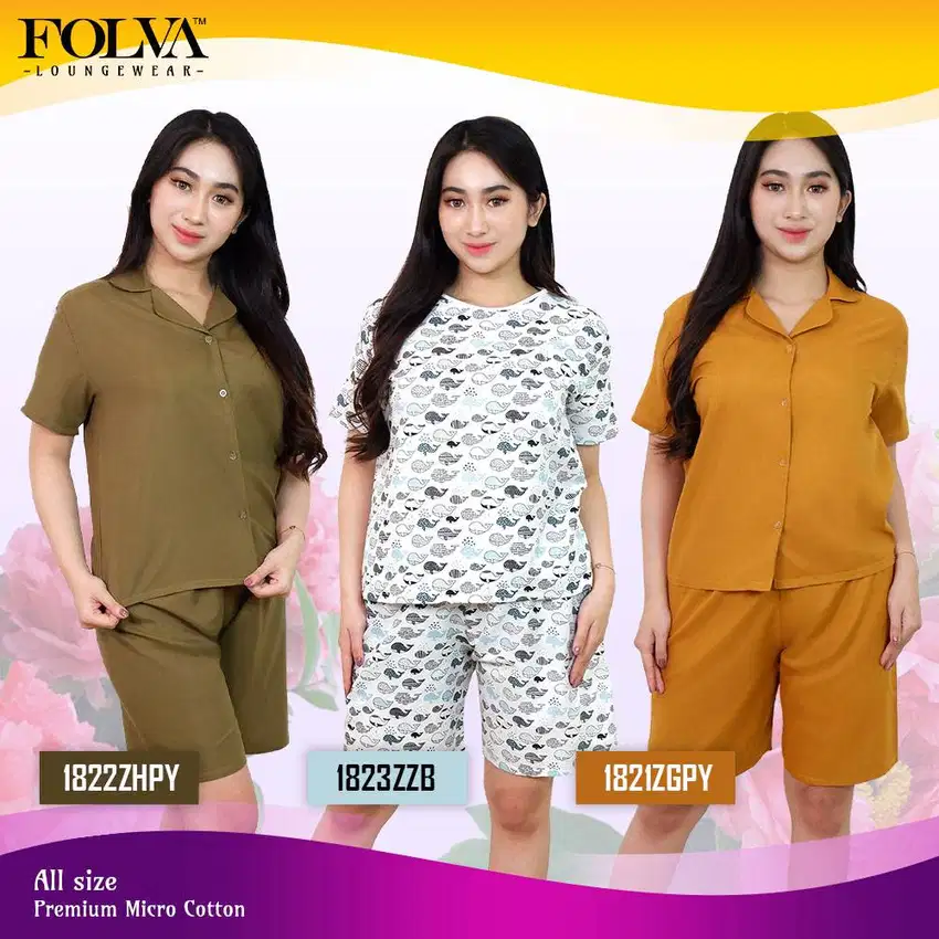 FOLVA baju rumah kemeja wanita setelan celana pendek katun halus