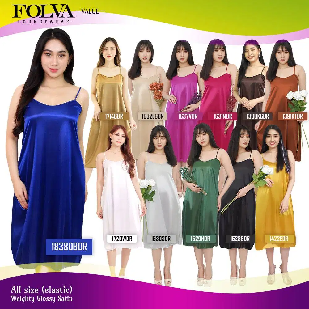 FOLVA dress tanktop wanita daster baju tidur satin bawah lutut allsize