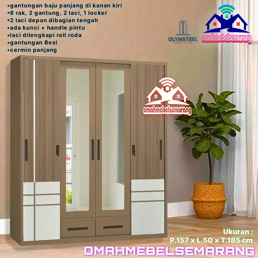 Lemari pakaian 4 pintu 2 laci bahan besi OLYMSTEEL OSWS 4P2L LENNA