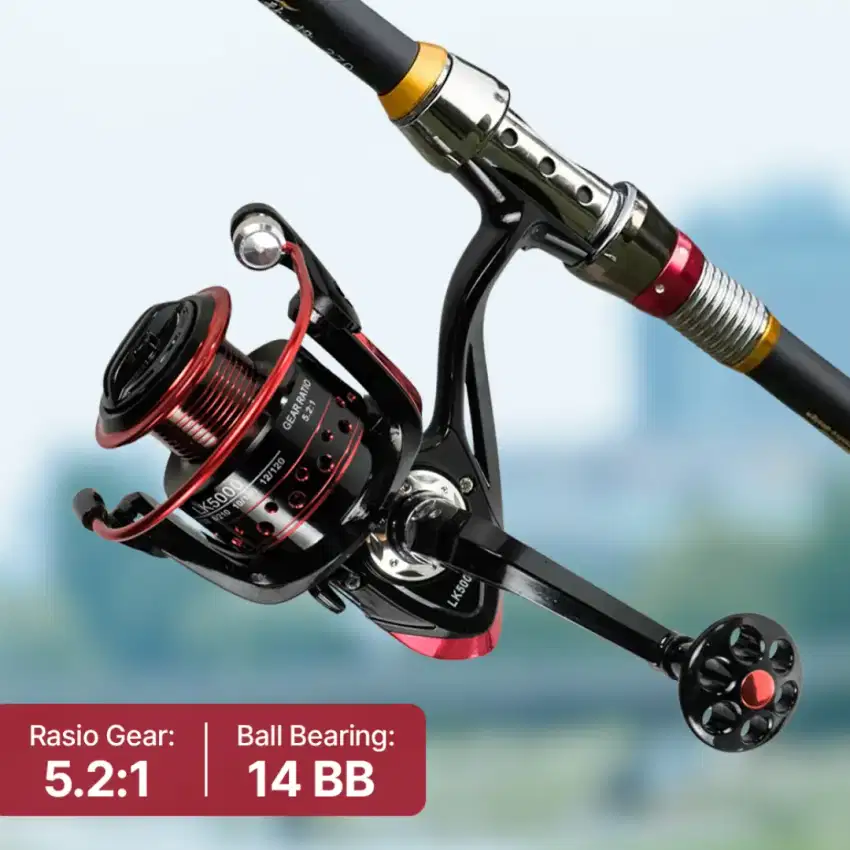Reel Pancing Spinning 5.2:1 Ball Bearing 14 Warna Hitam-Merah