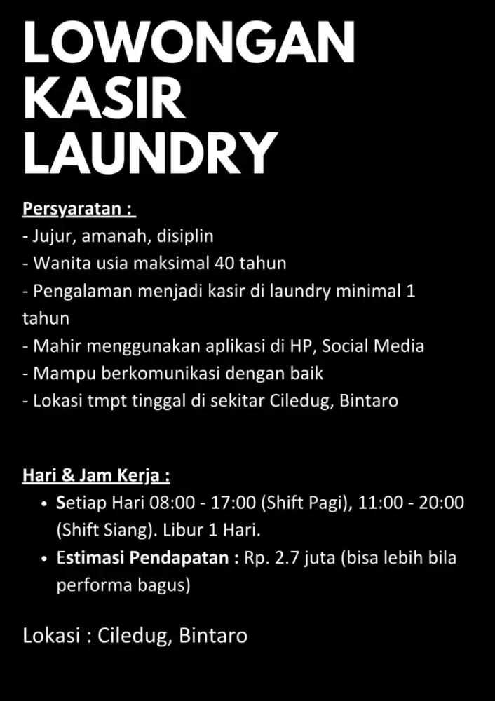 LOWONGAN KASIR LAUNDRY