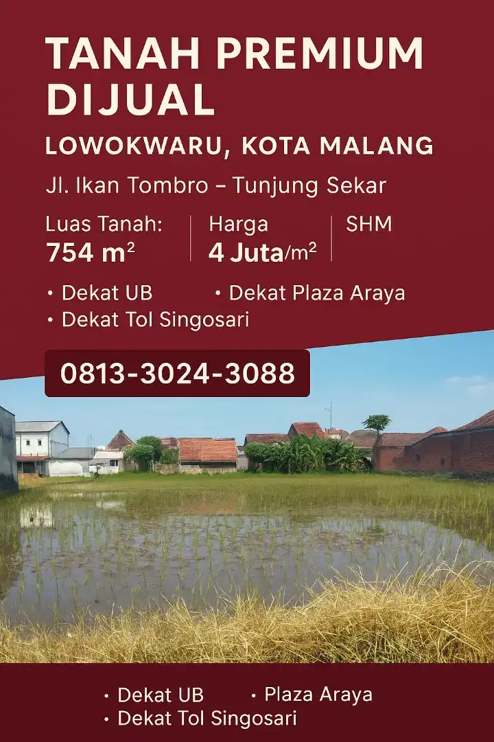 Tanah premium di Jl Tombro Malang