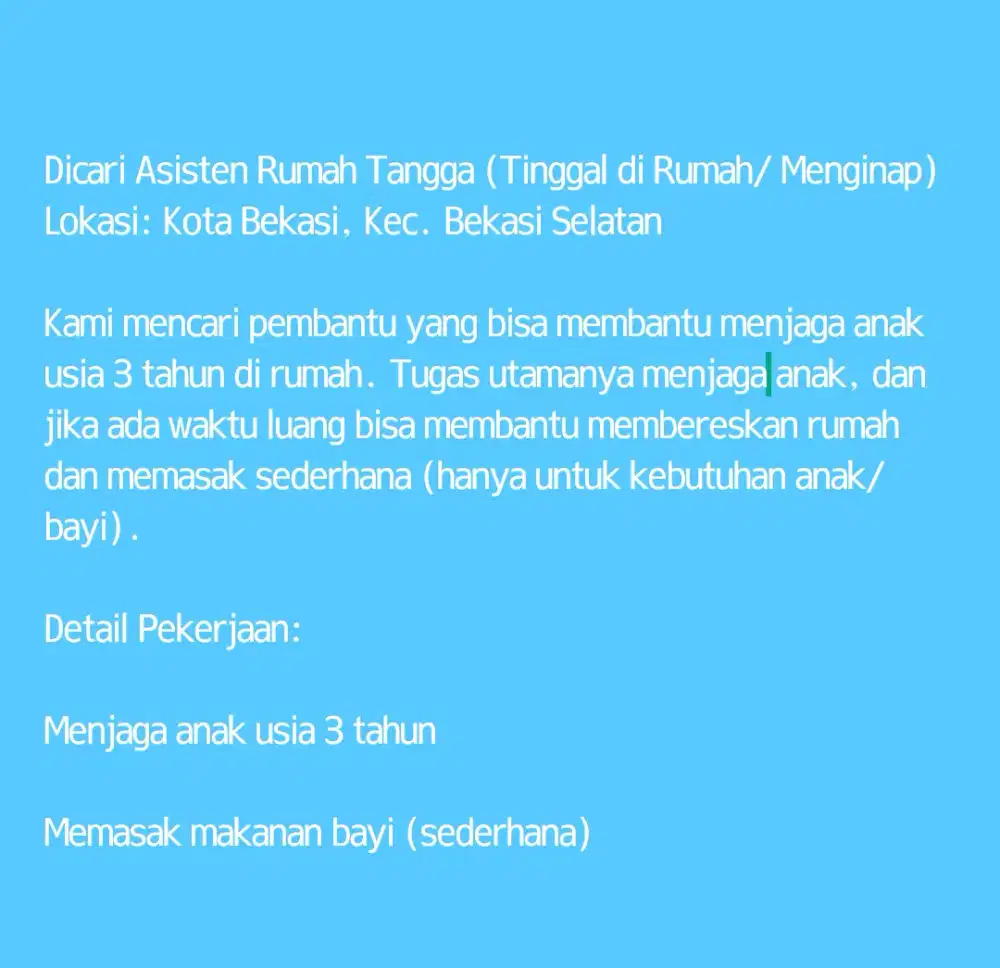 Dicari Asisten Rumah Tangga /ART (Tinggal di Rumah/ Menginap)