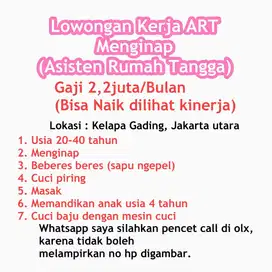 Lowongan Asisten Rumah Tangga / ART menginap