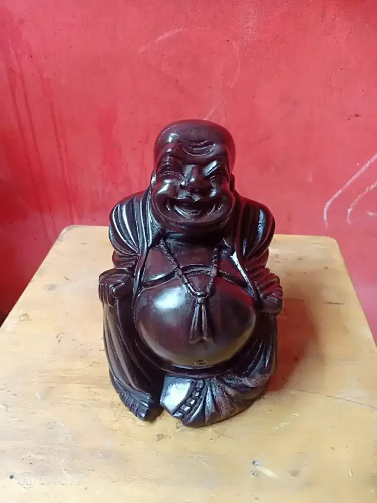 Patung Budha Ketawa Kayu Jati Lawas
