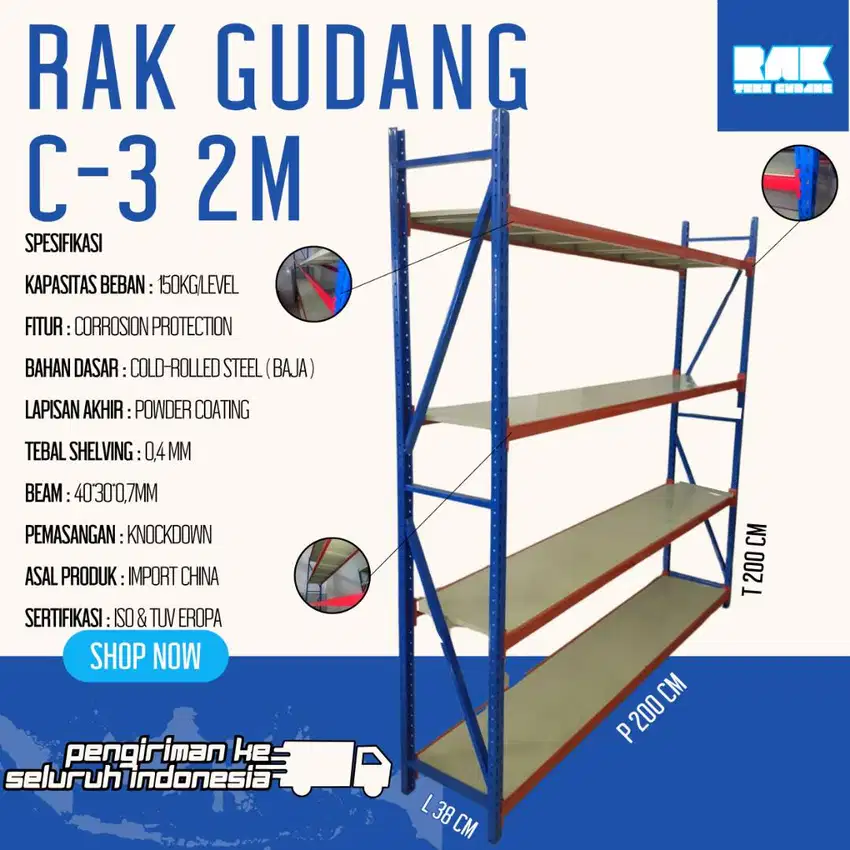 Rak Gudang C-3 2 Meter Kapasitas 150Kg/Level