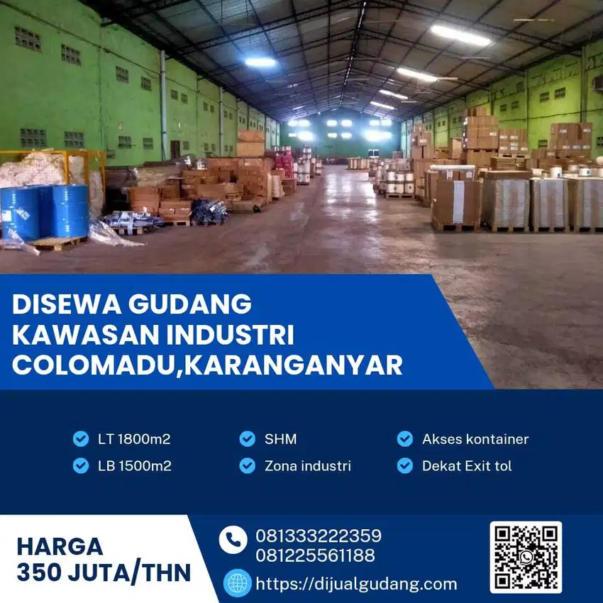 Gudang Disewakan di Colomadu – 2 Menit dari Exit Tol, Luas 1800m²,
