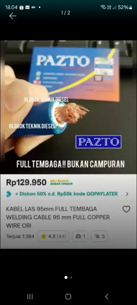 KABEL AKI KABEL LAS 95MM TEMBAGA MURNI