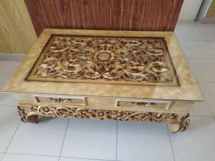 Meja Kayu Jati full Ukiran Tangan 80cm x 120cm Jepara