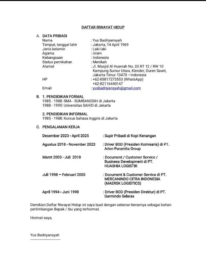 Mencari pekerjaan sebagai Supir Pribadi atau Direksi Perusahaan