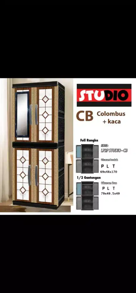 Lemari pakaian plastik STUDIO 2 pintu,kaca, kunci dan gantung