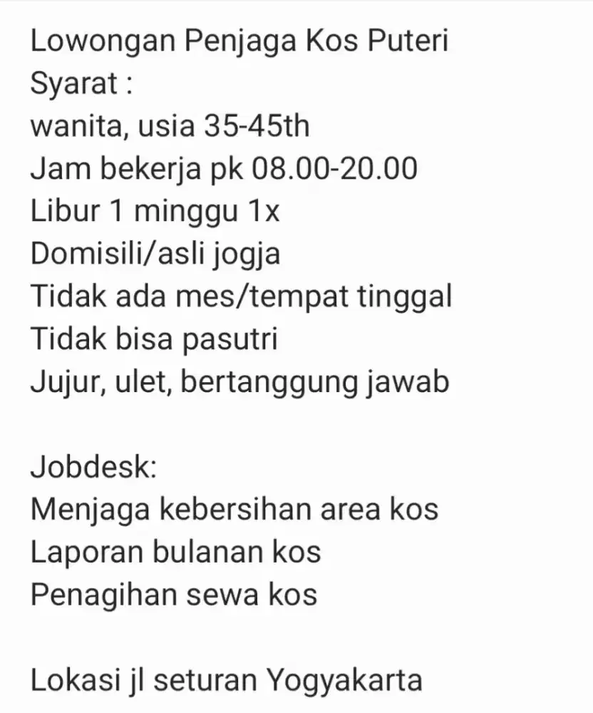 Lowongan Penjaga Kos